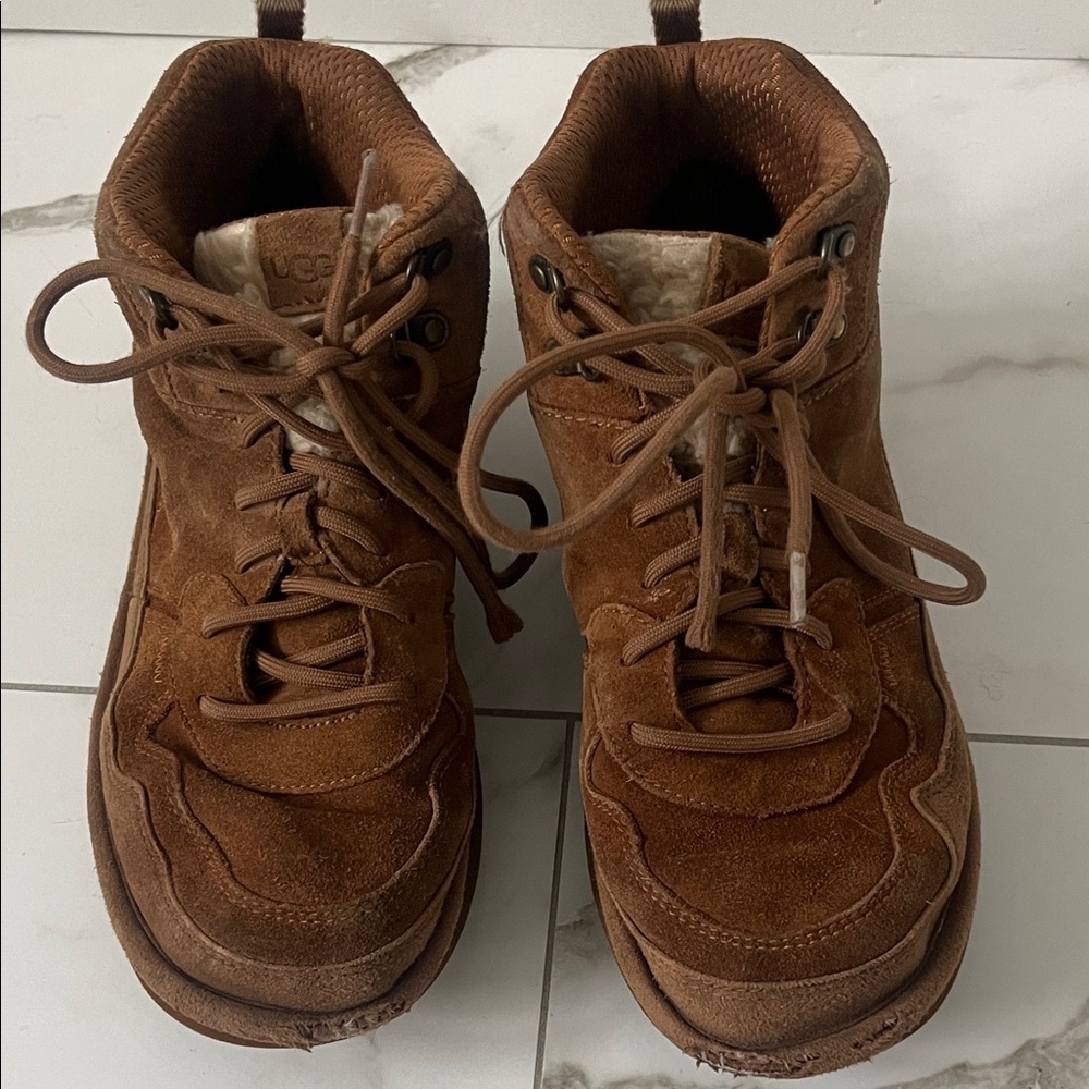UGG Chestnut Suede Shearling-Lined Lace-Up Boots.  Youth